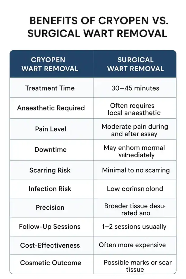 Table showing the benefits of cryopen to remove warts Ely compared to surgical treatment